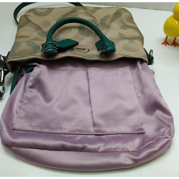 Coach Signature Brown Canvas Teal Leather Trim Zipper Satchel Crossbody Bag - Picture 11 of 14